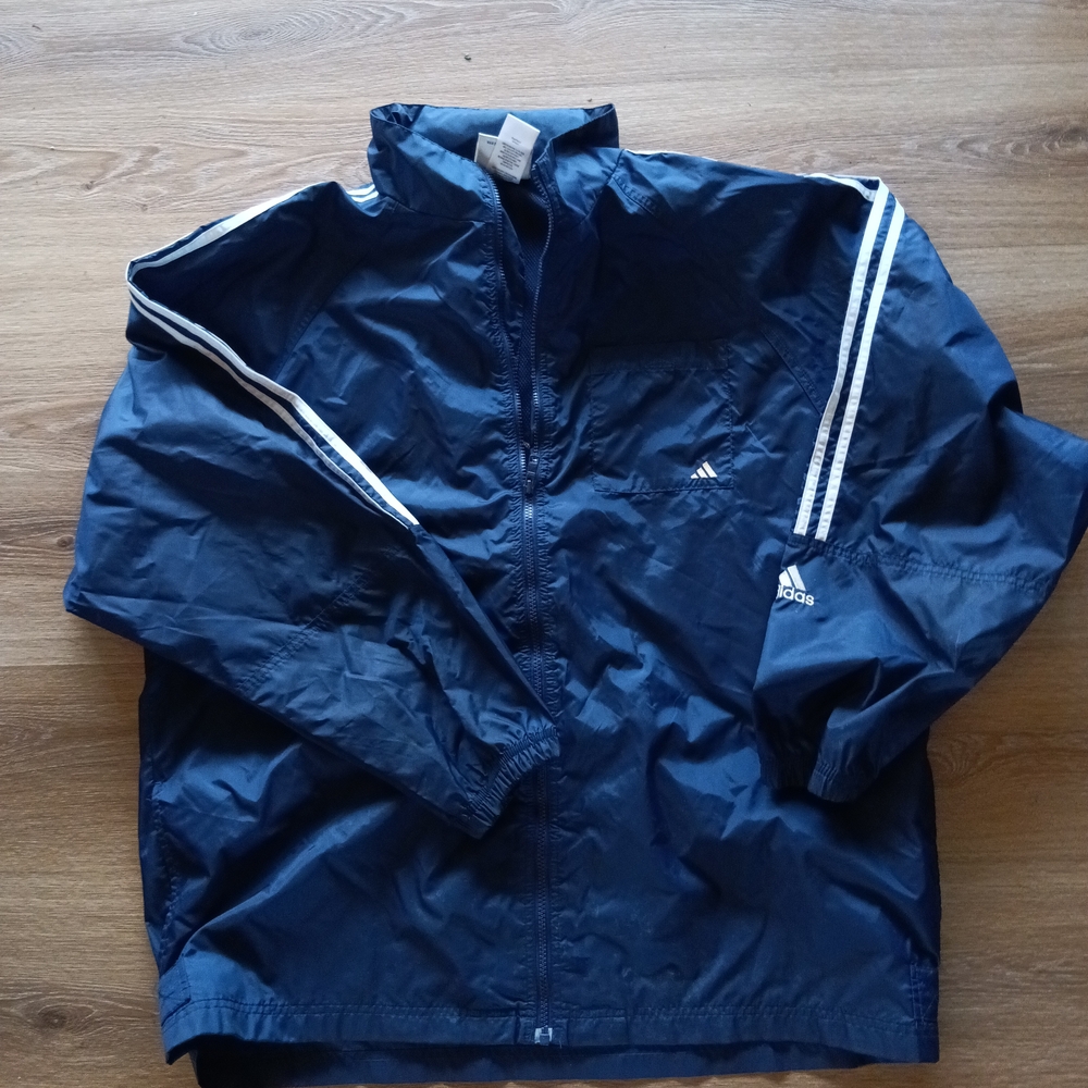 Vintage Adidas Men's Dark Blue Windbreaker with White Stripes XL